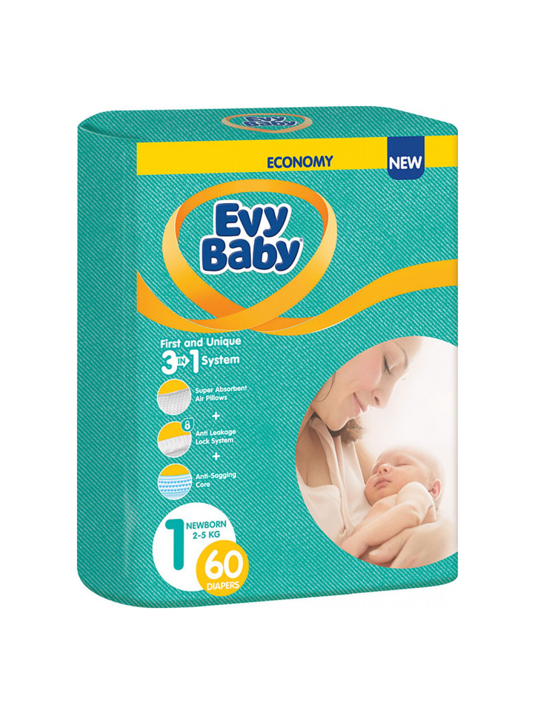 Подгузники Evy Baby 1 для новорожденных (60 шт)